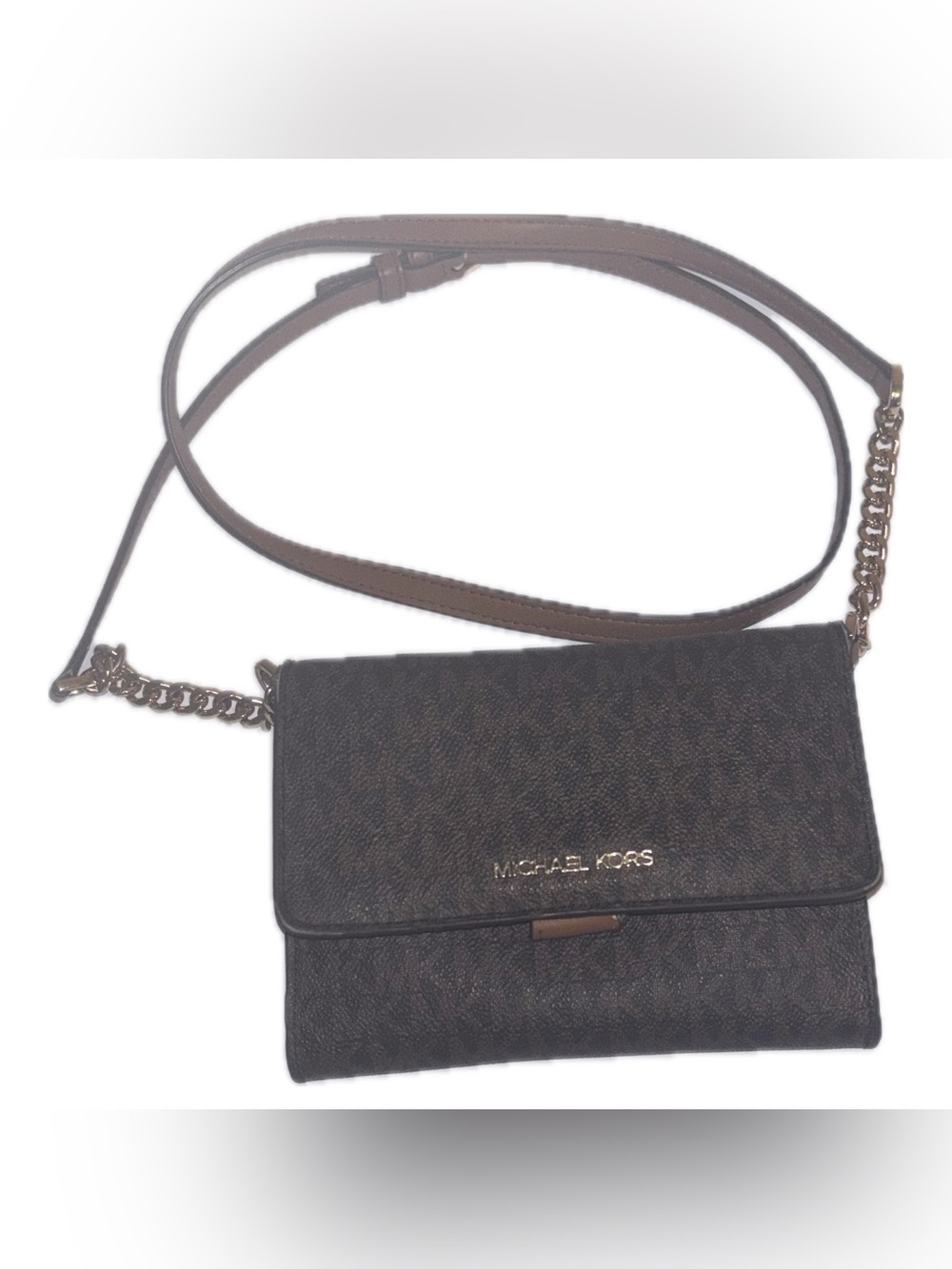 Michael Kors Brown Logo Crossbody Wallet with Chain Strap
